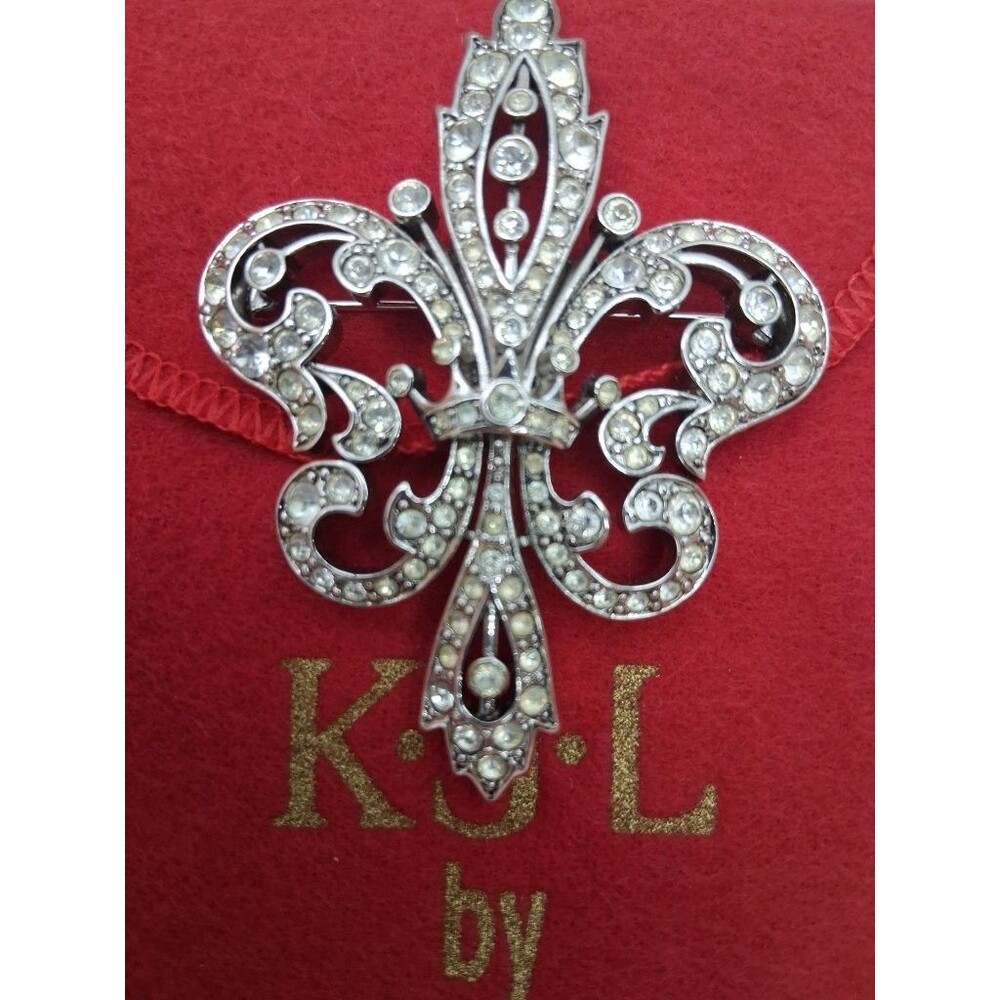 KJL by Kenneth Jay Lane Fleur de Lis Clear Rhinestone Silver Tone Brooch Pin